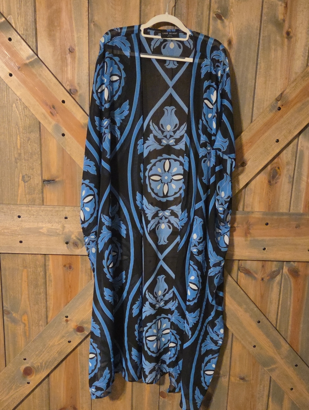 Lane Bryant Black Maxi Overpiece with Blue Floral Medallion Print